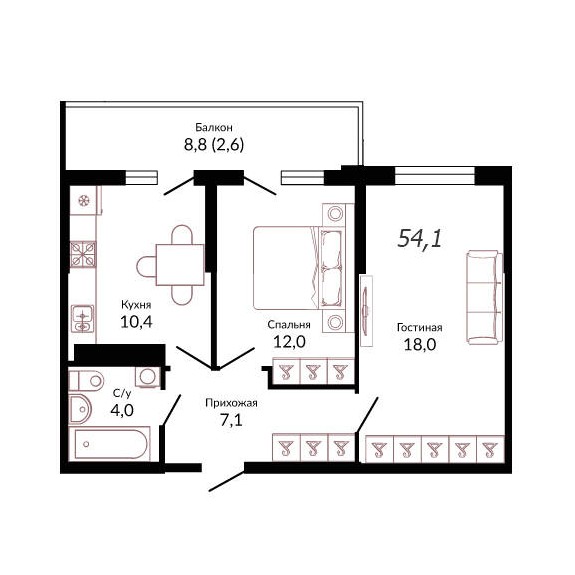 2-комнатная квартира (Литер 1.1)