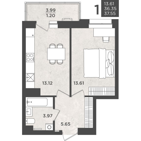 1-комнатная квартира (2 Дом)