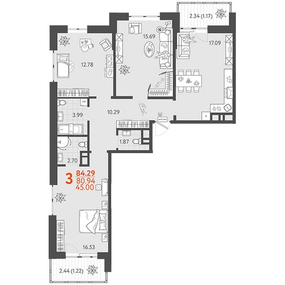 3-комнатная квартира (Литер 17)