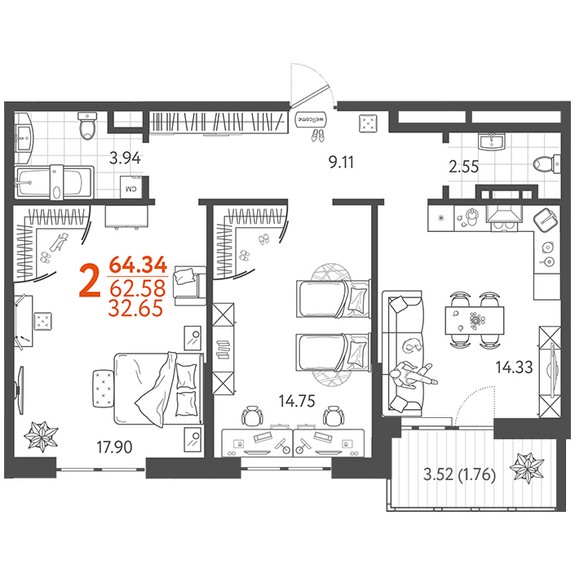2-комнатная квартира (Литер 17)